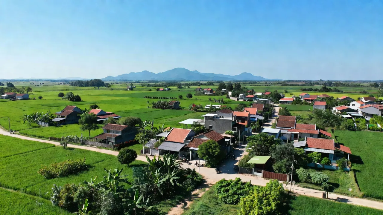 Khung cảnh xã Trung Hoà, huyện Trảng Bom, tỉnh Đồng Nai với cánh đồng xanh và nhà cửa.