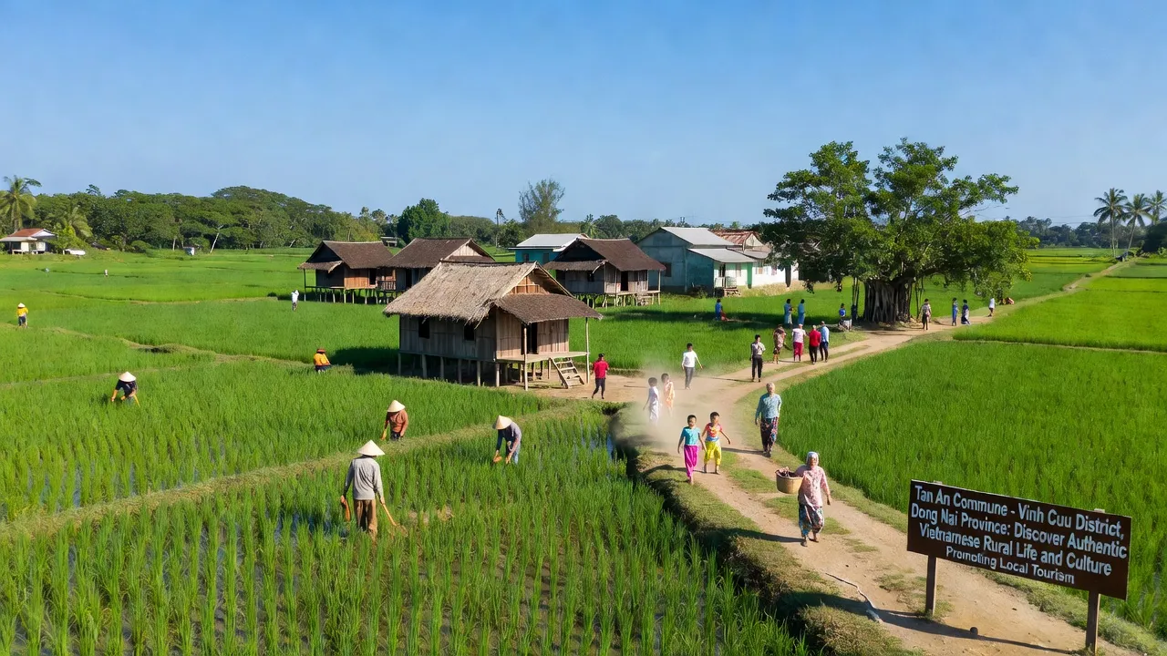 Khung cảnh Xã Tân An, huyện Vĩnh Cửu, Đồng Nai với cánh đồng xanh và kiến trúc địa phương.