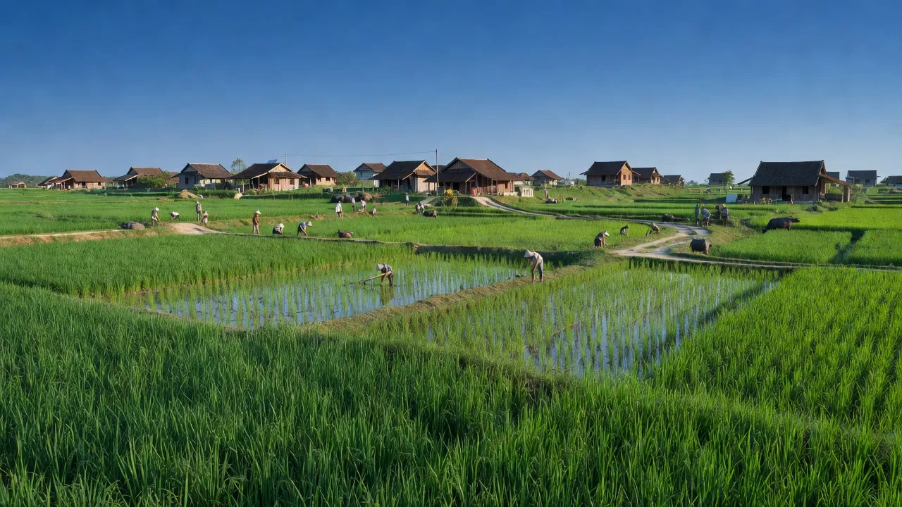 Cảnh quan nông thôn xã Tân Bình huyện Vĩnh Cửu Đồng Nai với ruộng lúa xanh tươi.