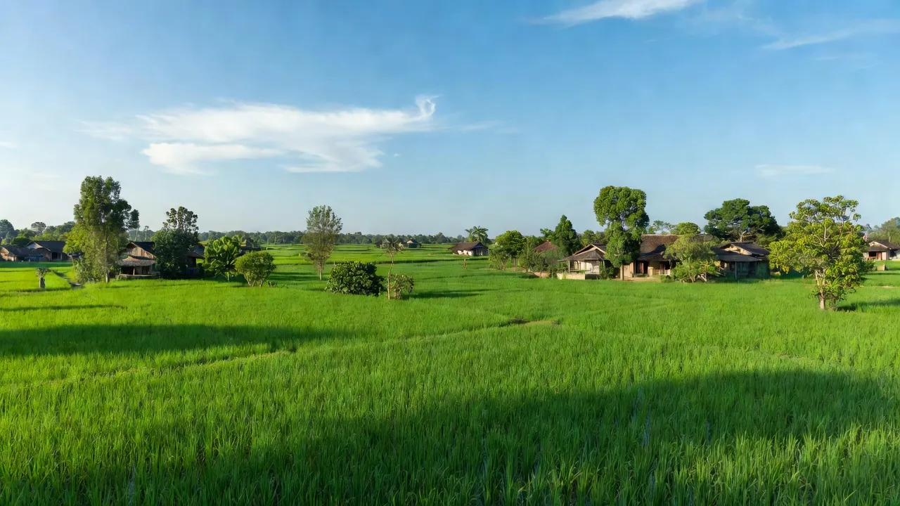 Cảnh nông thôn xã Thiện Tân, huyện Vĩnh Cửu, Đồng Nai với cánh đồng xanh tươi và nhà mộc mạc.