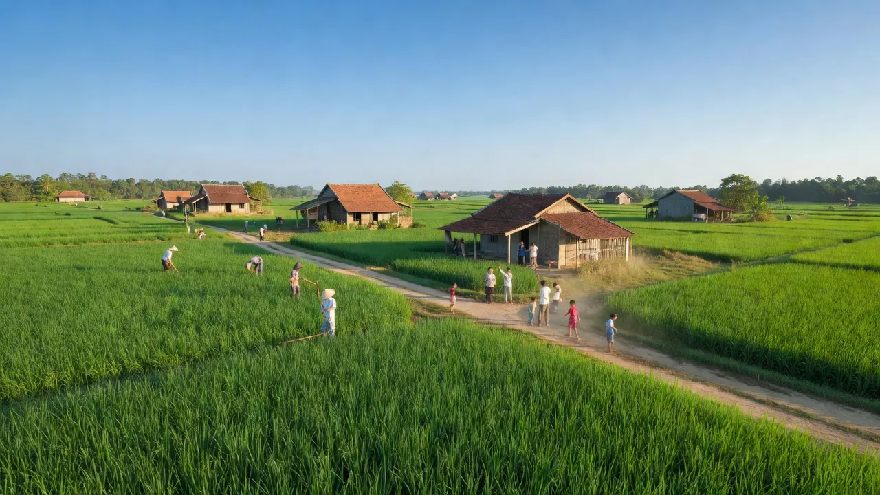 Rural landscape of Thiện Tân, Vĩnh Cửu, Đồng Nai with green fields and traditional houses.