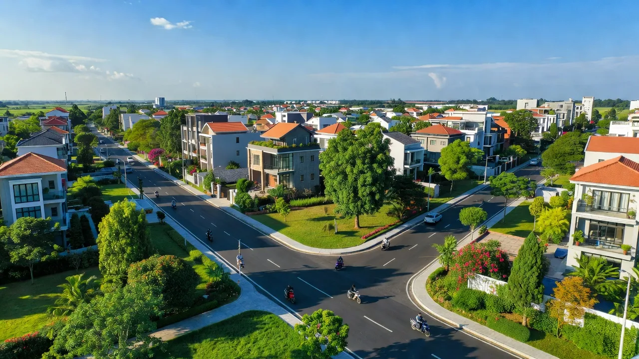 Cảnh quan thị trấn Vĩnh An, huyện Vĩnh Cửu, Đồng Nai, với cây xanh và nhà cửa hiện đại.