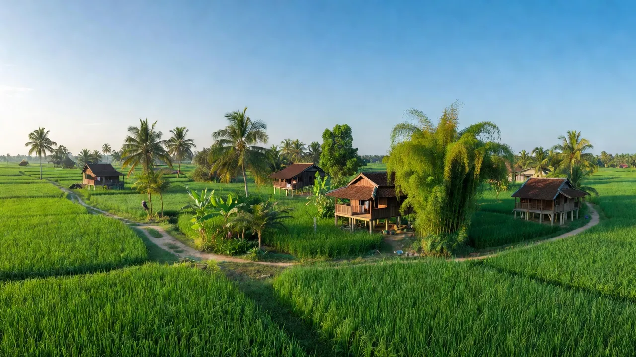 Cảnh nông thôn xã Vĩnh Tân, huyện Vĩnh Cửu, Đồng Nai với cây cối và bầu trời trong xanh.