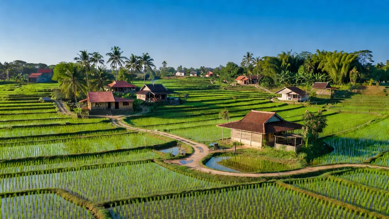 Xã Vĩnh Tân, huyện Vĩnh Cửu, tỉnh Đồng Nai với cánh đồng xanh, nhà truyền thống, bầu trời trong xanh.