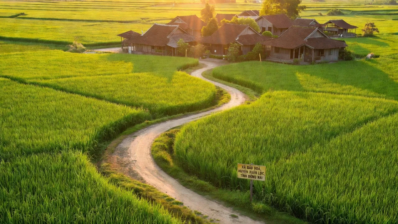 Cảnh quan xã Bảo Hoà, huyện Xuân Lộc, tỉnh Đồng Nai, với cánh đồng xanh và ánh nắng mặt trời.