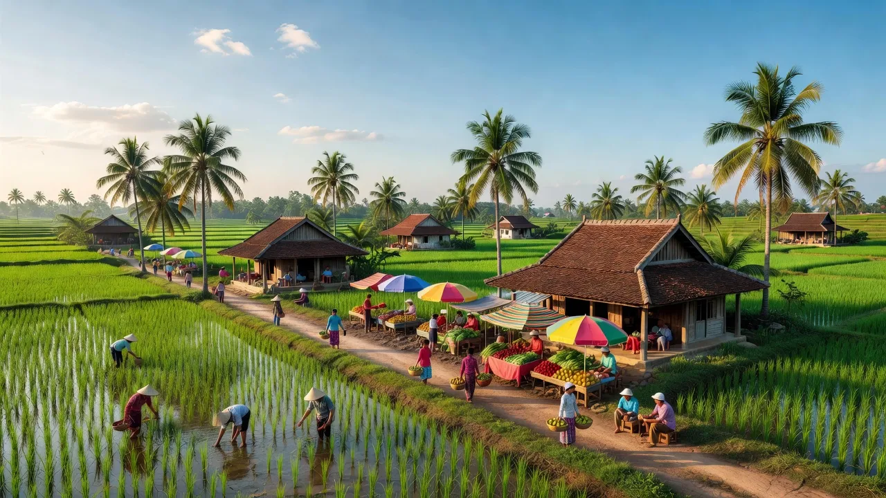 Phong cảnh xanh tươi xã Bảo Hoà, huyện Xuân Lộc, tỉnh Đồng Nai với nhà truyền thống và thị trường địa phương.