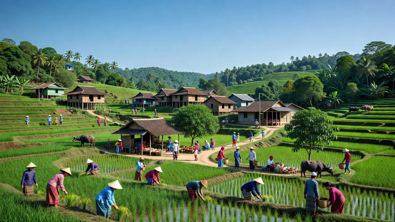 Cảnh quan xã Lang Minh, huyện Xuân Lộc, tỉnh Đồng Nai với đồng lúa, nhà truyền thống và hoạt động cộng đồng.