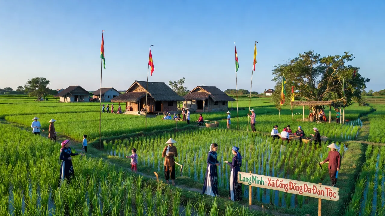 Cảnh quan Xã Lang Minh, huyện Xuân Lộc, tỉnh Đồng Nai với ruộng xanh và các dân tộc thiểu số.
