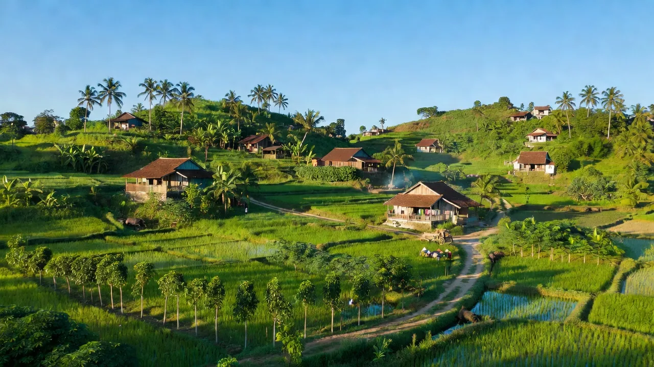 Khung cảnh yên bình ở xã Suối Cao, huyện Xuân Lộc, tỉnh Đồng Nai, với núi xanh và nhà dân.