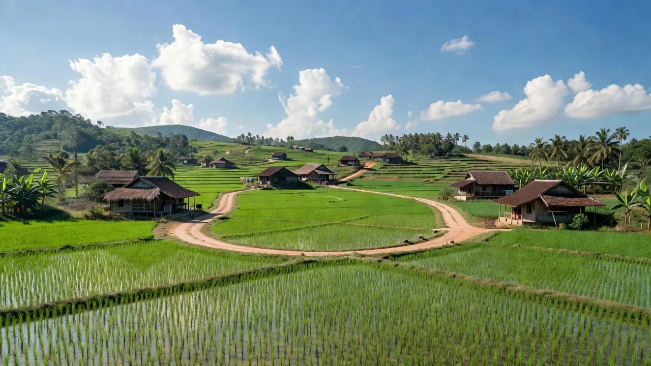 Cảnh quan nông thôn xã Xuân Bắc, huyện Xuân Lộc, tỉnh Đồng Nai với cánh đồng xanh.