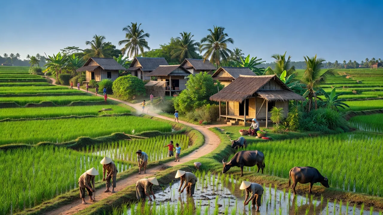 Khung cảnh đẹp tuyệt vời của xã Xuân Bắc, huyện Xuân Lộc, Đồng Nai với cánh đồng xanh và nhà truyền thống.