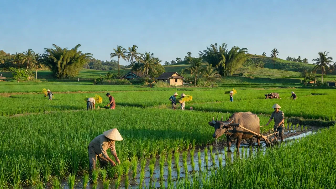 Phong cảnh Xã Xuân Hưng, huyện Xuân Lộc, Đồng Nai với cánh đồng xanh và nông dân làm việc.
