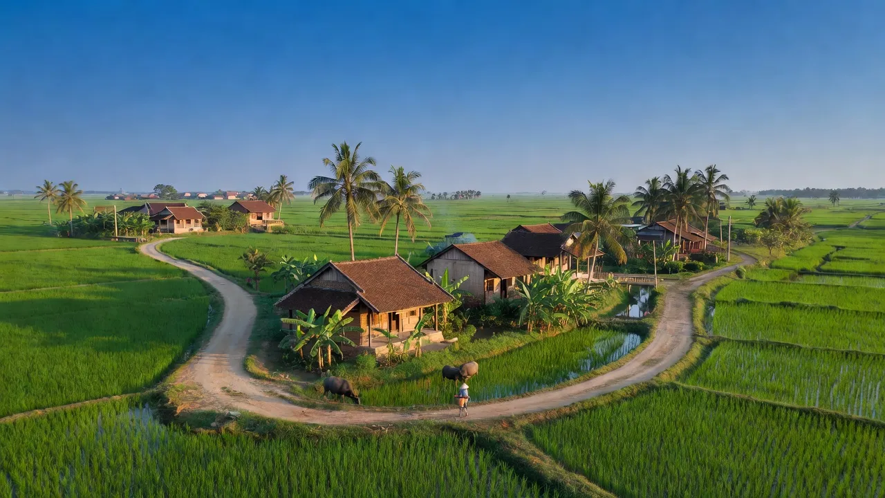 Cảnh đẹp Xã Xuân Phú, huyện Xuân Lộc, Đồng Nai với ruộng xanh và nhà truyền thống.