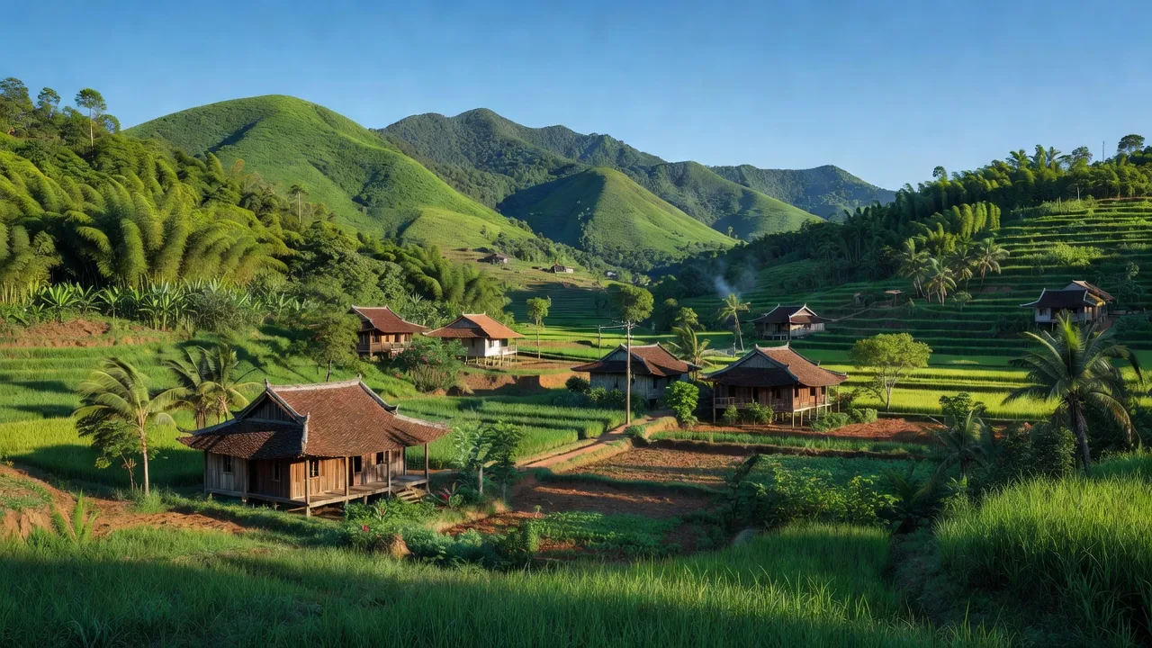 Khung cảnh bình yên xã Xuân Tâm, huyện Xuân Lộc, tỉnh Đồng Nai với núi xanh và nhà truyền thống.