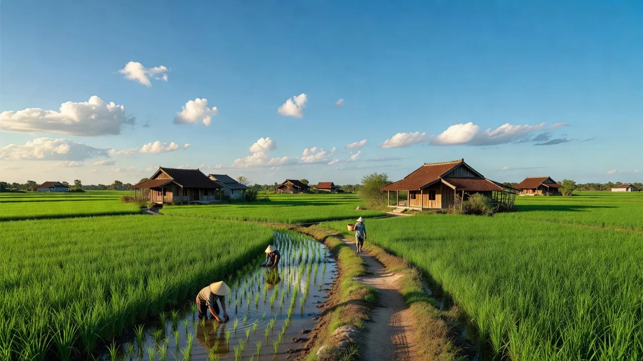 Cảnh quan yên bình xã Xuân Thành, huyện Xuân Lộc, tỉnh Đồng Nai với ruộng xanh và nhà truyền thống.