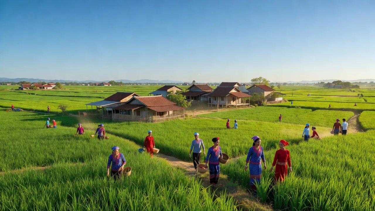 Cảnh quan xanh tươi của xã Xuân Trường, huyện Xuân Lộc, tỉnh Đồng Nai với cánh đồng và nhà cửa.