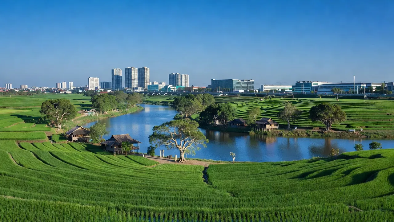 Khung cảnh thiên nhiên Đồng Nai với cánh đồng xanh, sông Đồng Nai và khu vực đô thị phát triển.
