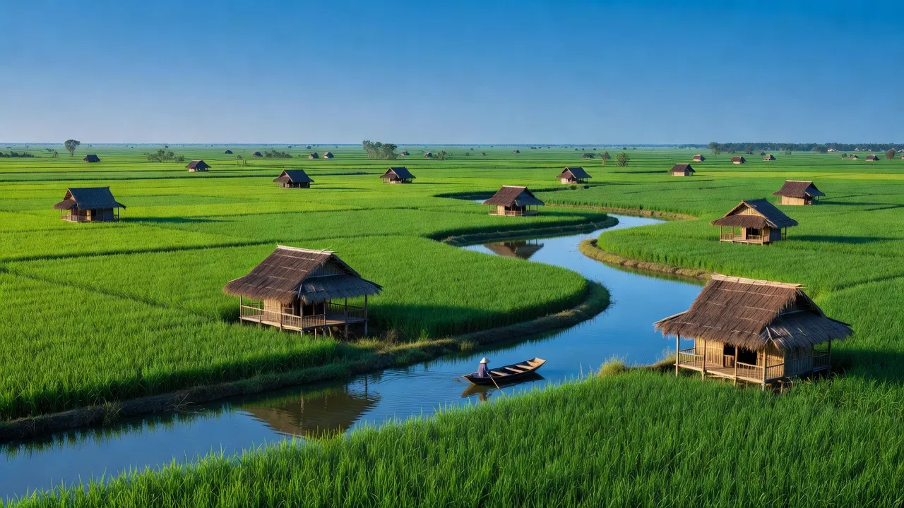 Cảnh đẹp huyện Cao Lãnh, Đồng Tháp với cánh đồng xanh, nhà truyền thống và đường thủy.