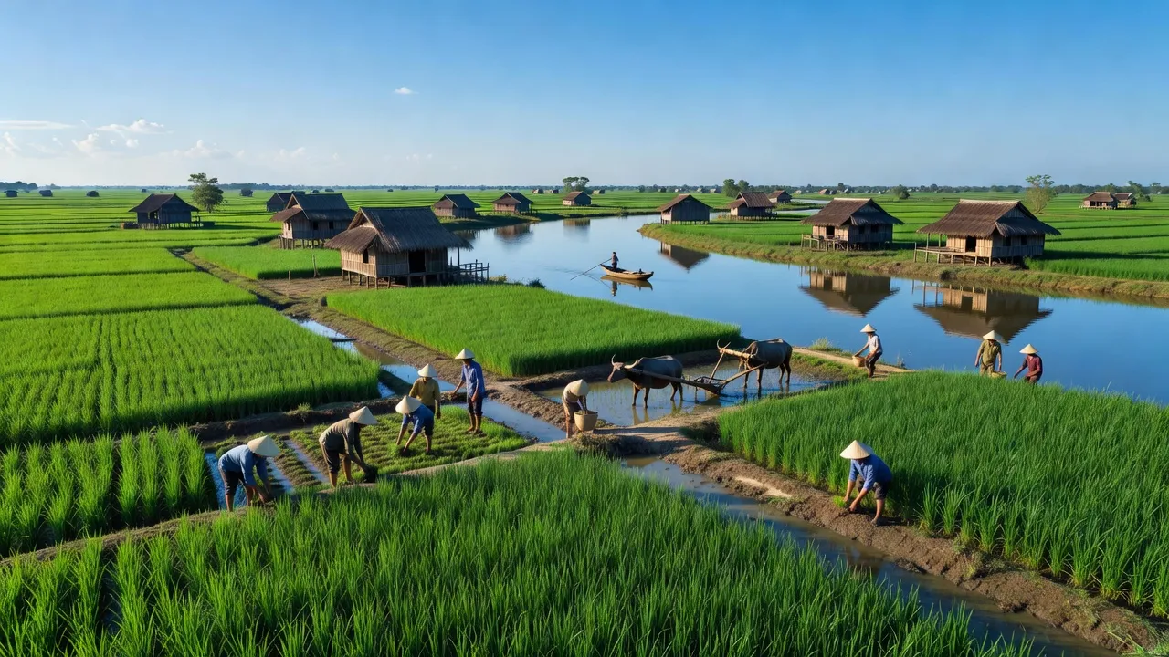 Cảnh quan huyện Cao Lãnh, tỉnh Đồng Tháp với cánh đồng xanh và sông nước thanh bình.