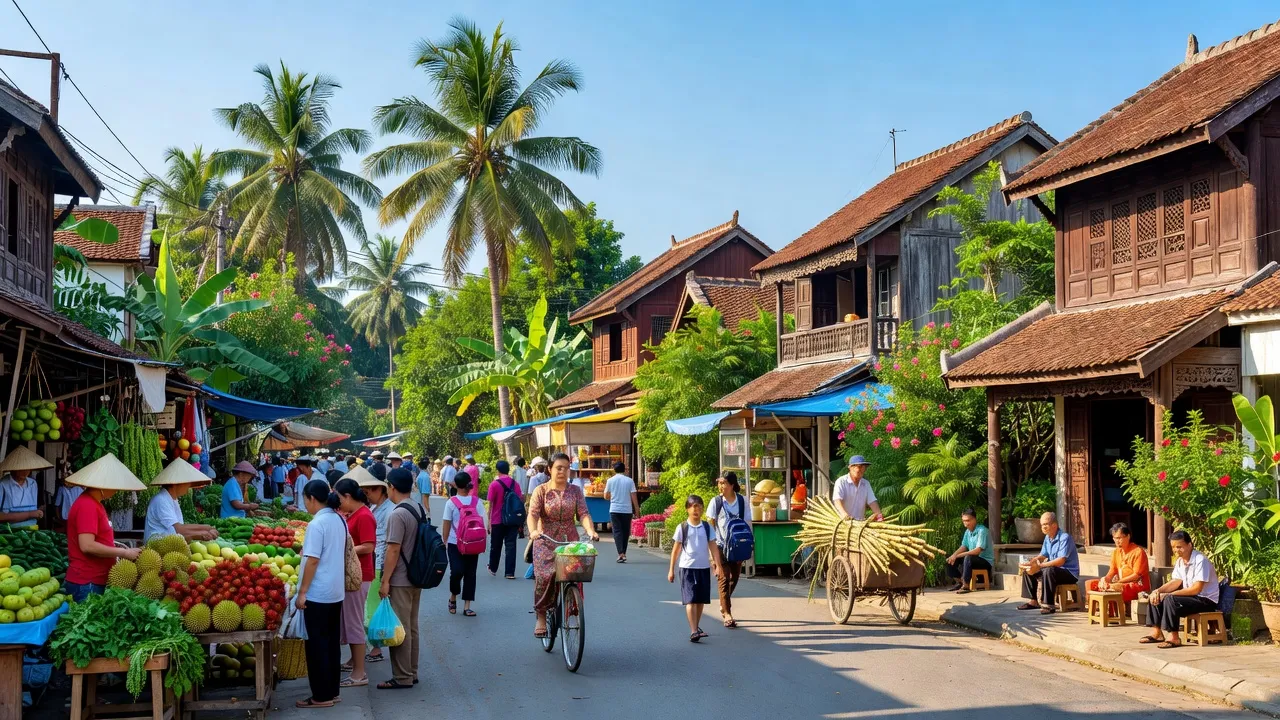 Khung cảnh đường phố sôi động tại Phường 3, thành phố Cao Lãnh, tỉnh Đồng Tháp với nhà truyền thống và chợ địa phương.
