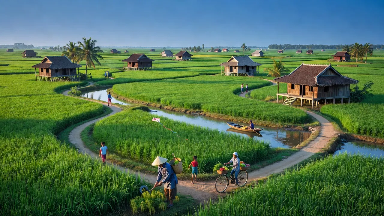 Cảnh sắc Phường 4, Huyện Cao Lãnh, Đồng Tháp với đồng lúa xanh mướt và bầu trời trong xanh