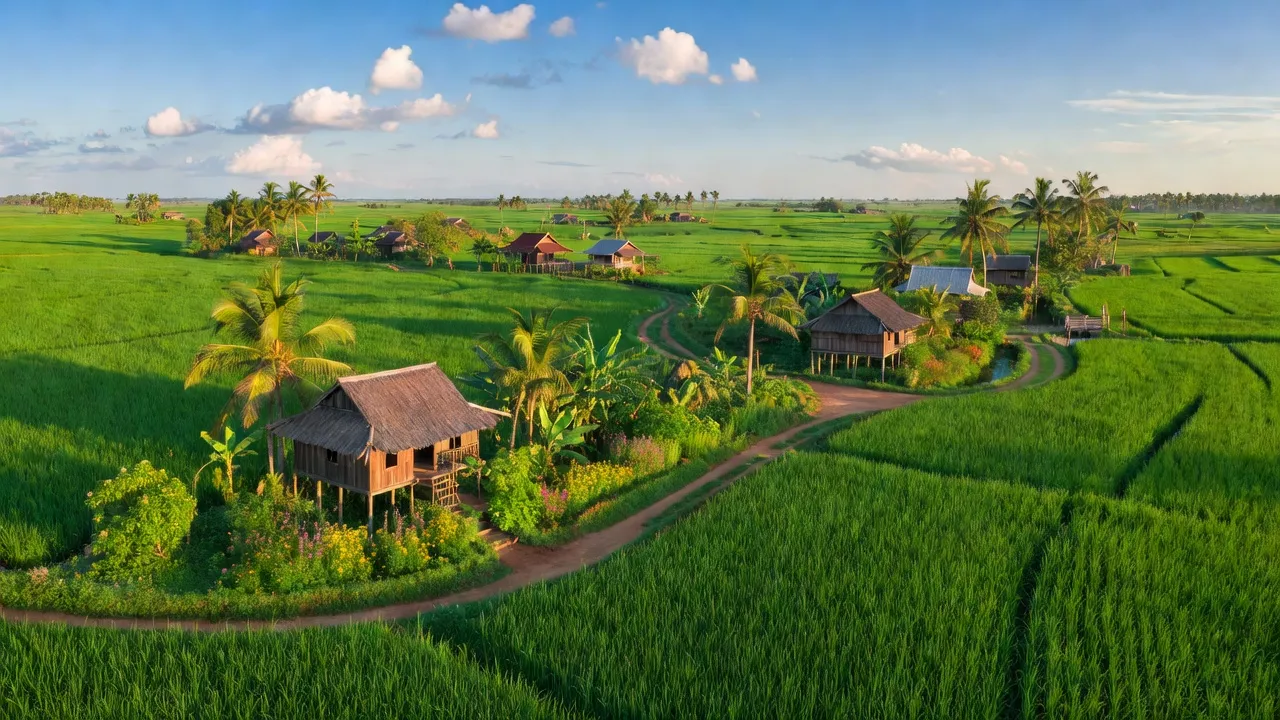 Khung cảnh xanh tươi tại Xã An Bình, huyện Cao Lãnh, Đồng Tháp, với ruộng lúa và nhà truyền thống.