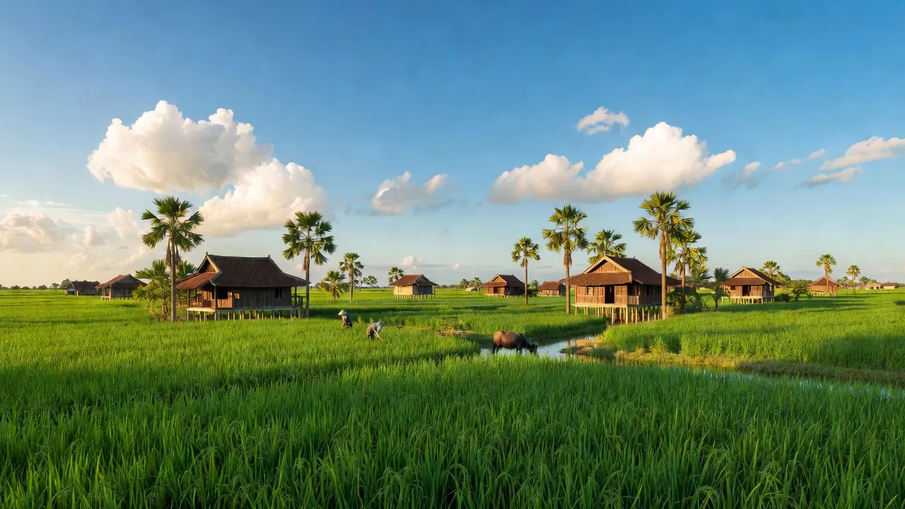 Khung cảnh yên bình ở xã An Bình, huyện Cao Lãnh, với ruộng lúa xanh tươi và nhà truyền thống.