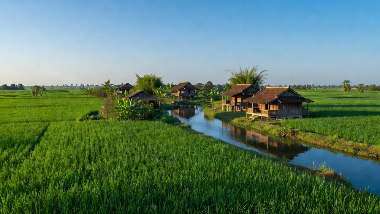 Khung cảnh yên bình xã Ba Sao, huyện Cao Lãnh, Đồng Tháp với đồng lúa xanh và kênh nước trong lành.