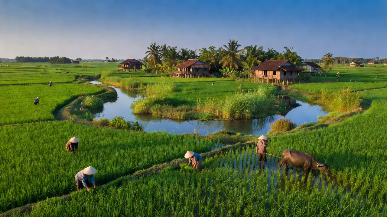 Khung cảnh xã Bình Hàng Tây, huyện Cao Lãnh, Đồng Tháp với đồng lúa và nhịp sống nông thôn.