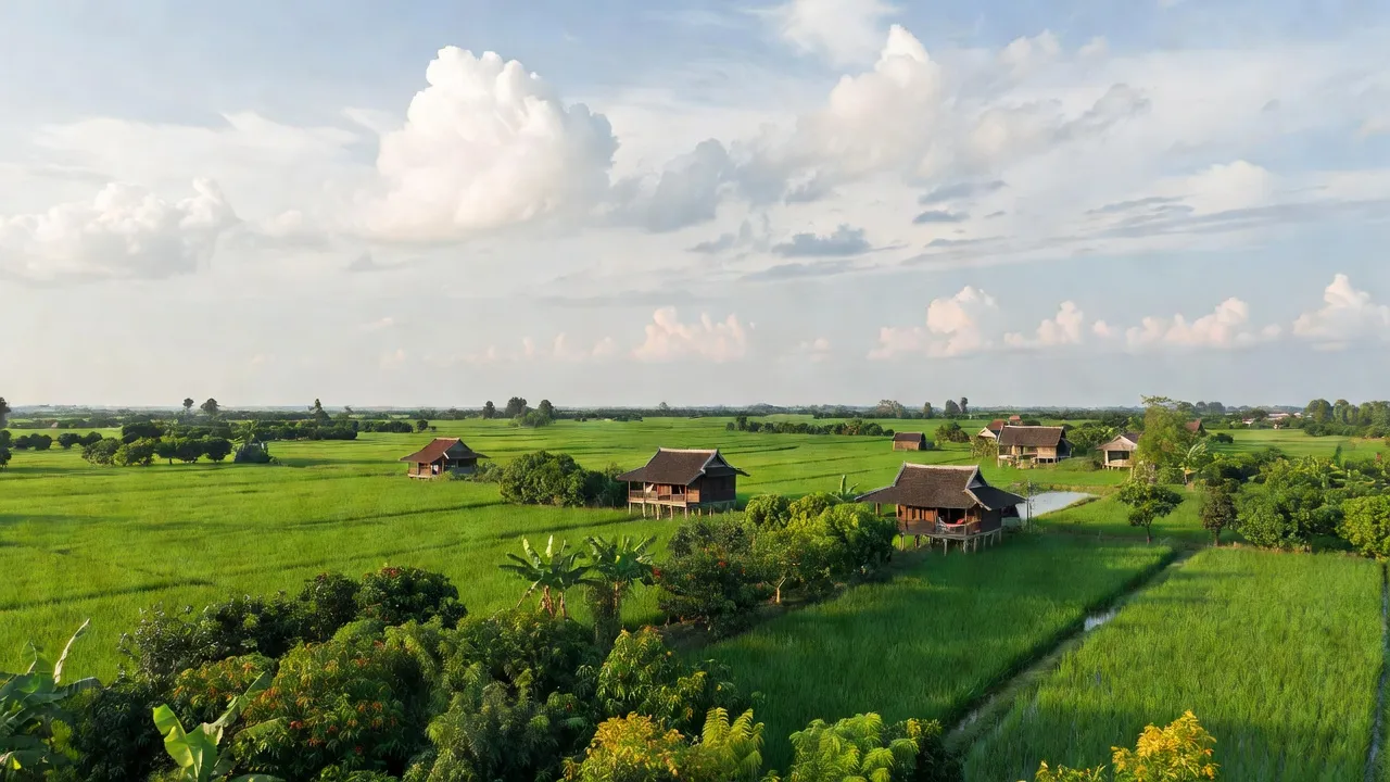 Khung cảnh bình yên xã Bình Hàng Trung, huyện Cao Lãnh, Đồng Tháp với cánh đồng lúa xanh mướt.