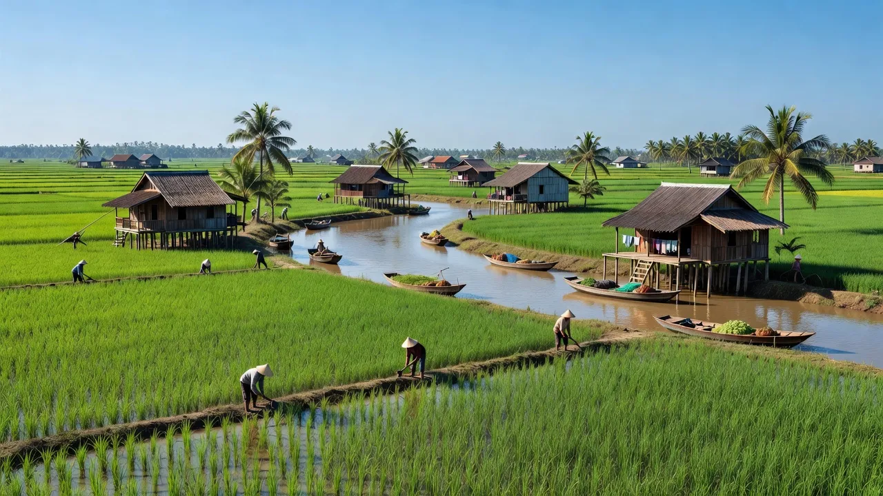 Cảnh quan Xã Bình Thạnh, Huyện Cao Lãnh, Đồng Tháp với đồng ruộng xanh mướt và sông ngòi cuộn khúc.