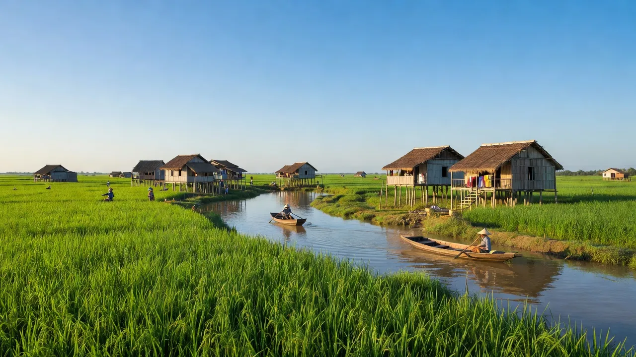 Cảnh sắc thiên nhiên ở Xã Gáo Giồng, huyện Cao Lãnh, Đồng Tháp với cánh đồng xanh tươi và dòng sông yên bình.