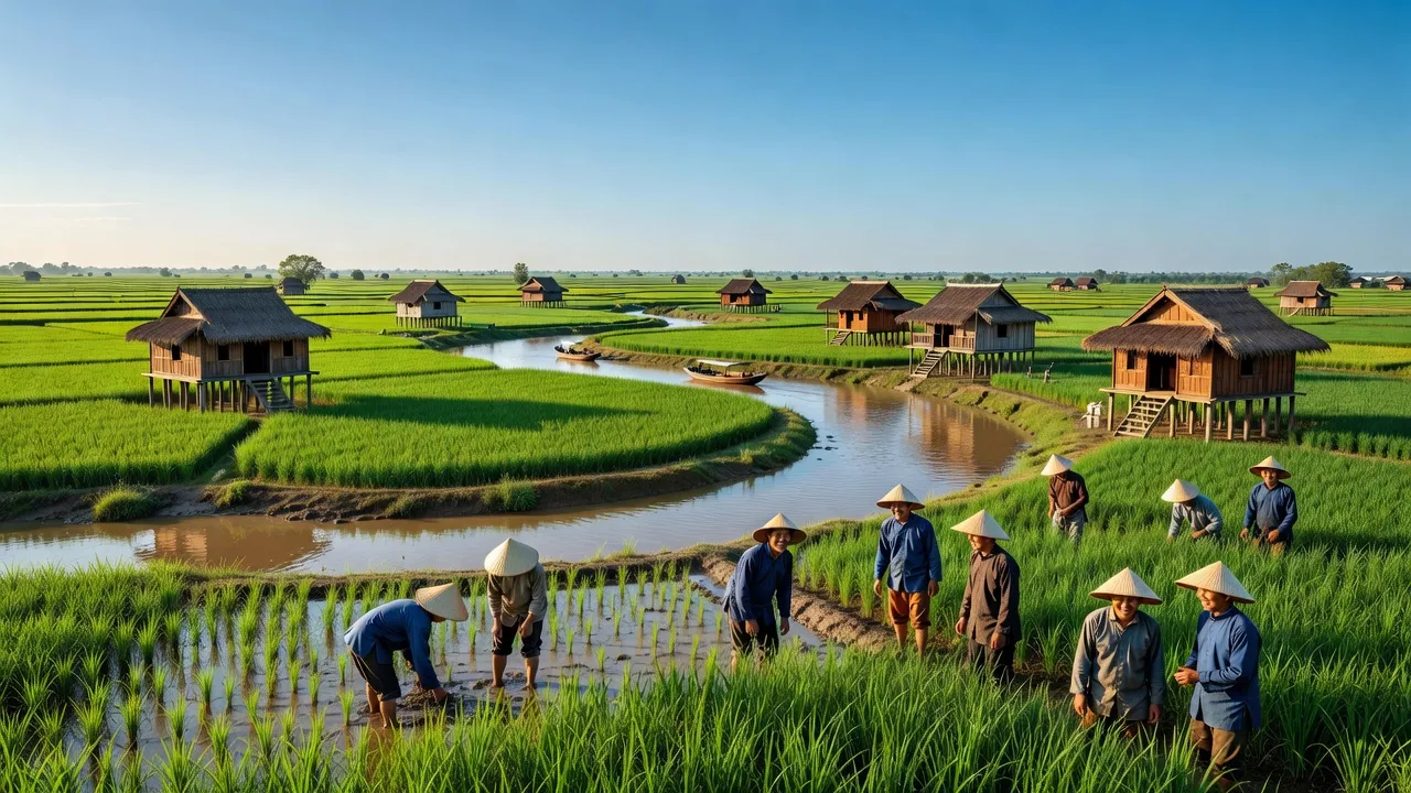 Phong cảnh Gáo Giồng, Cao Lãnh, Đồng Tháp với cánh đồng xanh và dòng sông uốn khúc.