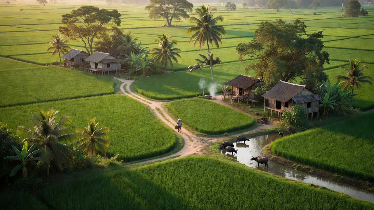 Cảnh quan nông thôn xã Hòa An, huyện Cao Lãnh, tỉnh Đồng Tháp với cánh đồng xanh và cây cối.