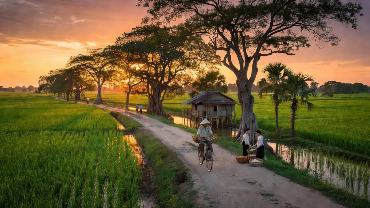 Khung cảnh đồng ruộng xanh và sinh hoạt người dân tại xã Hòa An, huyện Cao Lãnh, Đồng Tháp.