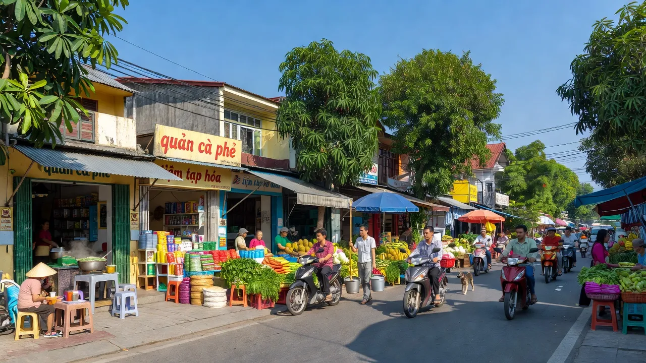 Khung cảnh nhộn nhịp tại Phường Hoà Thuận, Cao Lãnh, với các hoạt động thường ngày và cây xanh.