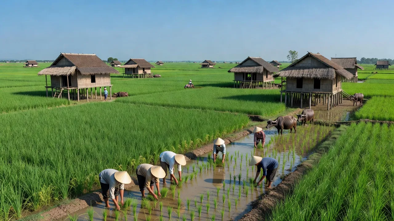 Cảnh làng Mỹ Hiệp, huyện Cao Lãnh, Đồng Tháp với cánh đồng xanh và nông dân làm việc.