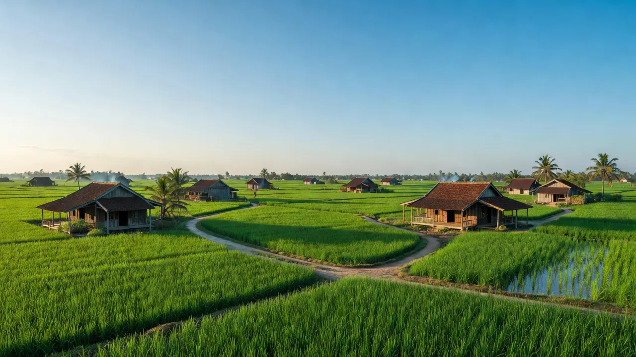 Cảnh sắc nông thôn Mỹ Hiệp, Cao Lãnh, Đồng Tháp với cánh đồng xanh và nhà truyền thống.