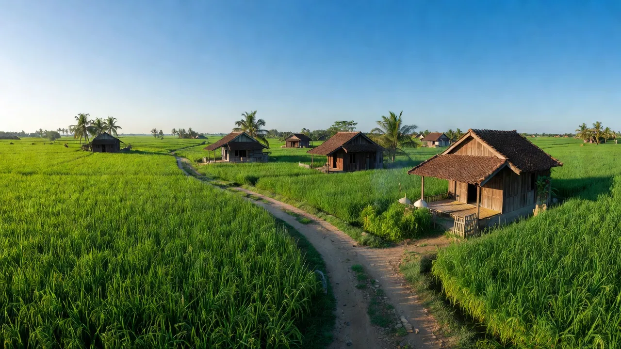 Cảnh đẹp xã Mỹ Hội, huyện Cao Lãnh, tỉnh Đồng Tháp với cánh đồng xanh và nhà truyền thống.