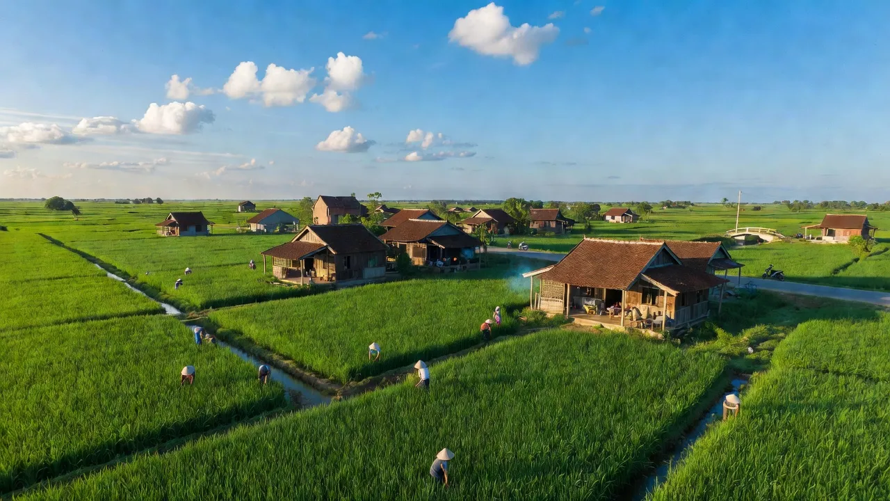 Khung cảnh xã Mỹ Long, huyện Cao Lãnh, tỉnh Đồng Tháp với cánh đồng xanh và nhà truyền thống.