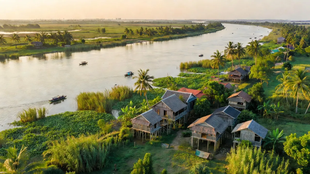 Quang cảnh Phường Mỹ Phú, huyện Cao Lãnh, tỉnh Đồng Tháp bên dòng sông Tiền, cây cối xanh tươi.