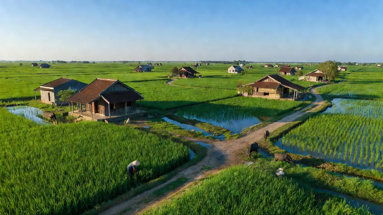 Cảnh đẹp xã Mỹ Trà, huyện Cao Lãnh, tỉnh Đồng Tháp với cánh đồng xanh và nhà truyền thống.