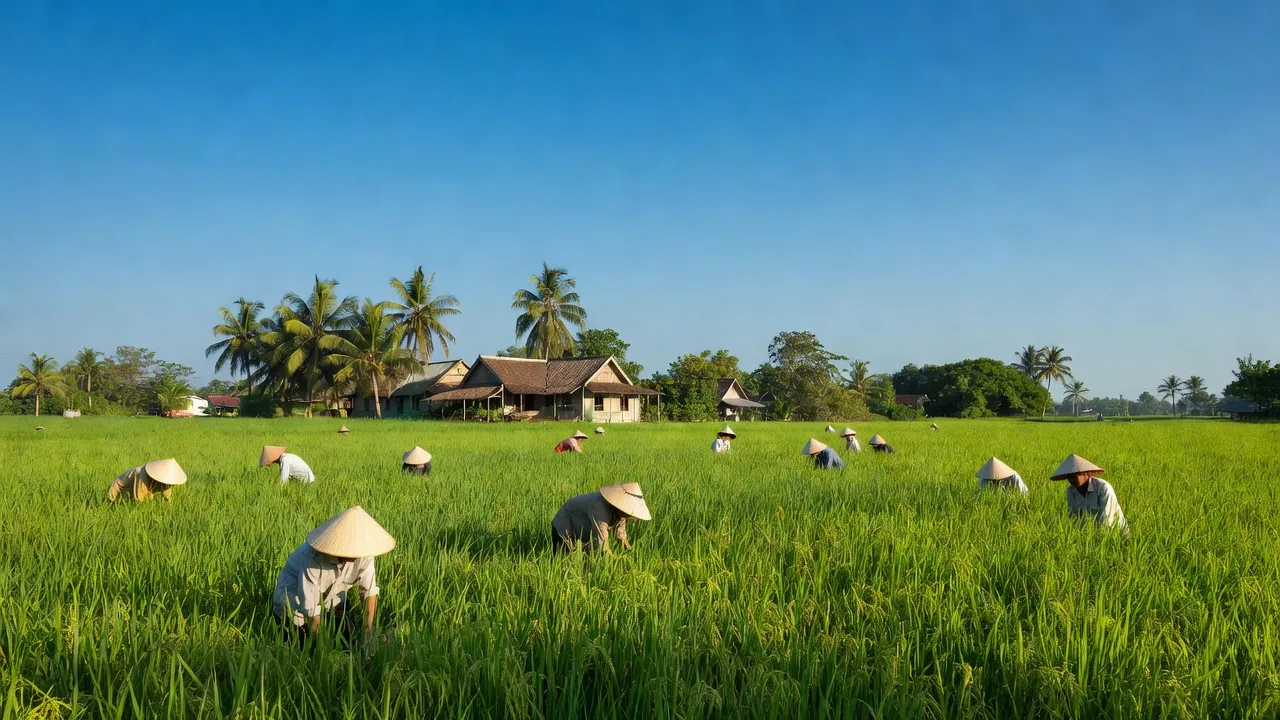 Cảnh quan nông thôn xã Mỹ Xương, huyện Cao Lãnh, tỉnh Đồng Tháp với đồng xanh và hoạt động cộng đồng.