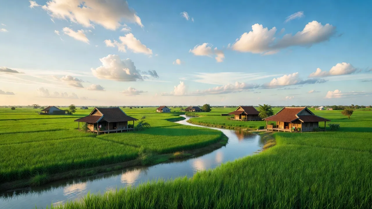 Cảnh đẹp yên bình xã Nhị Mỹ, huyện Cao Lãnh, với đồng ruộng, sông nước và nhà truyền thống.