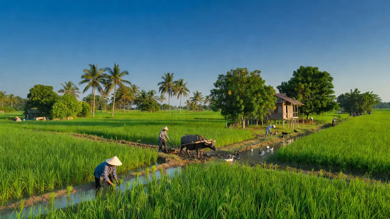 Khung cảnh nông thôn tại xã Phong Mỹ, huyện Cao Lãnh, Đồng Tháp với cánh đồng xanh và người dân địa phương.