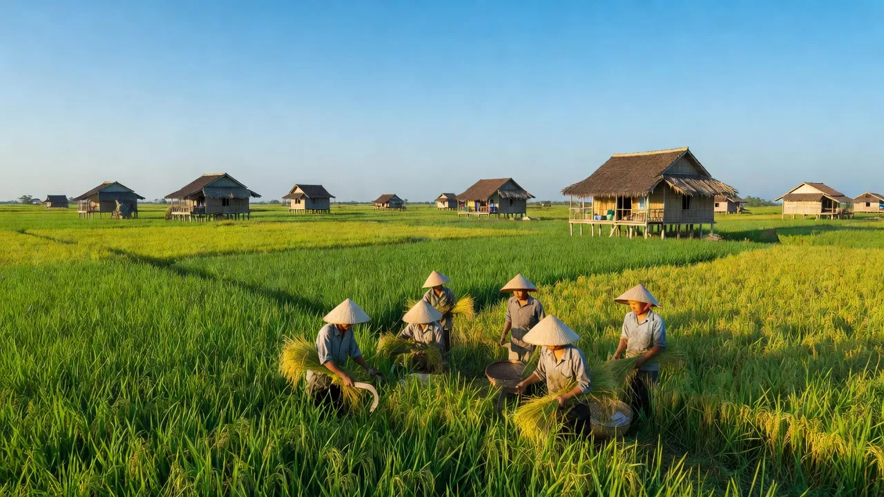 Phong Mỹ, Cao Lãnh, Đồng Tháp: beautiful rural landscape with rice fields and traditional houses.