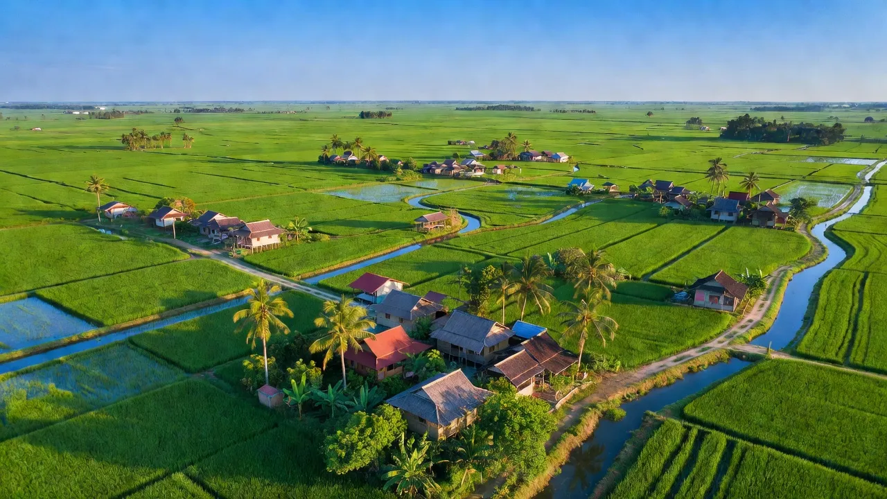 Khung cảnh huyện Châu Thành, Đồng Tháp với cánh đồng lúa và làng quê yên bình.