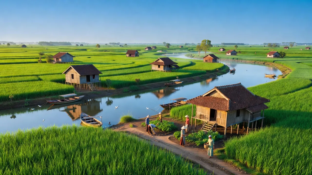 Khung cảnh huyện Châu Thành, Đồng Tháp, với ruộng xanh, nhà truyền thống và sông, thể hiện văn hóa địa phương.