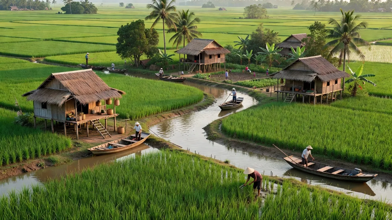 Khung cảnh đẹp của xã An Hiệp với cánh đồng xanh tươi và dòng sông miền Tây.