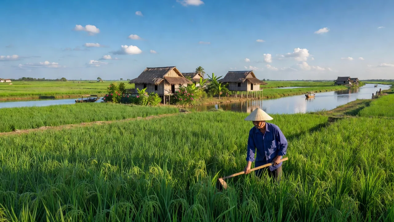 Khung cảnh xã An Hiệp, huyện Châu Thành, tỉnh Đồng Tháp với ruộng xanh và nhà truyền thống.